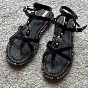 Sam Edelman Tayla Black Leather Sandals with Gold Accents, 8.5